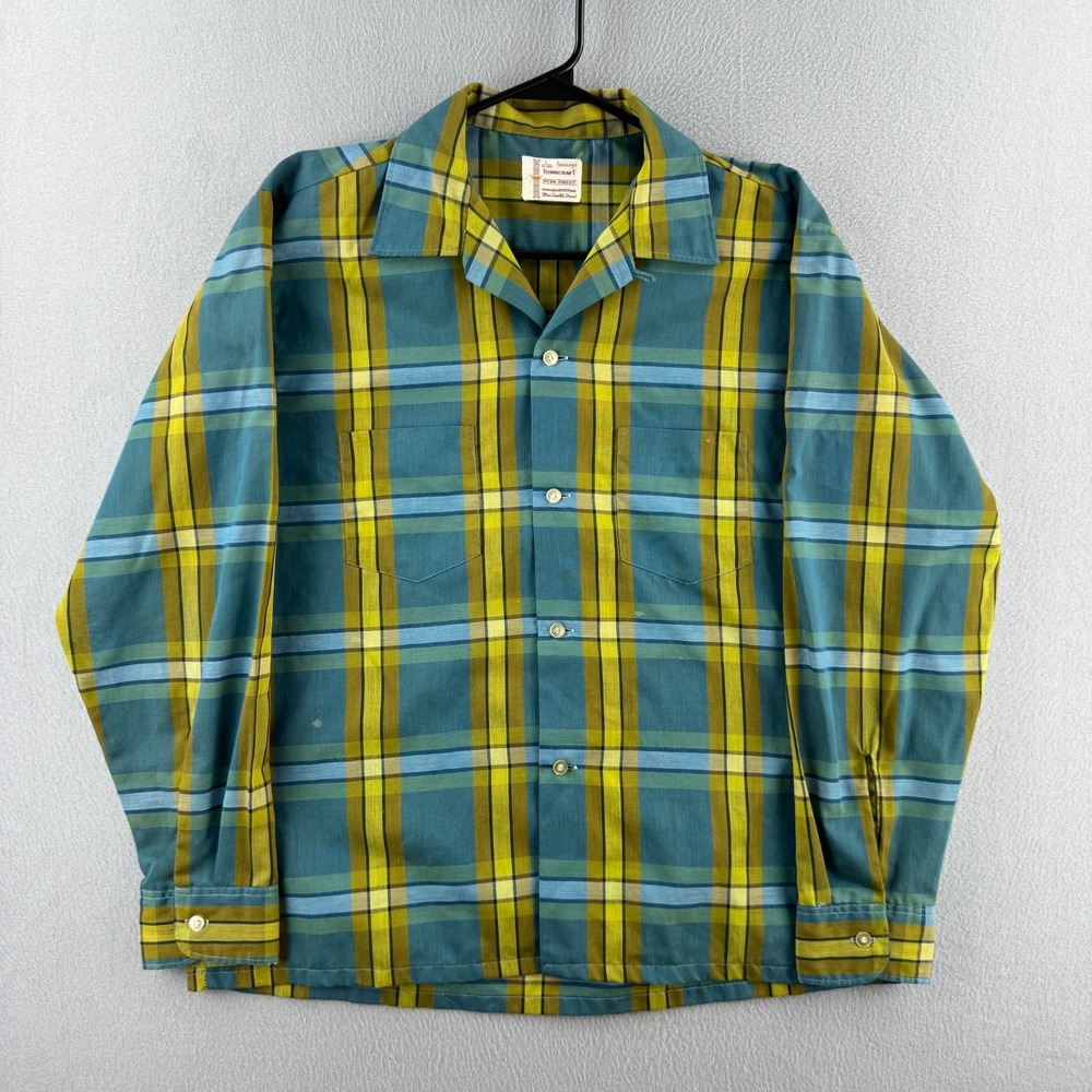 Vintage 60s Penneys Loop Collar Shirt Mens Large Blue Plaid Long Sleeve
